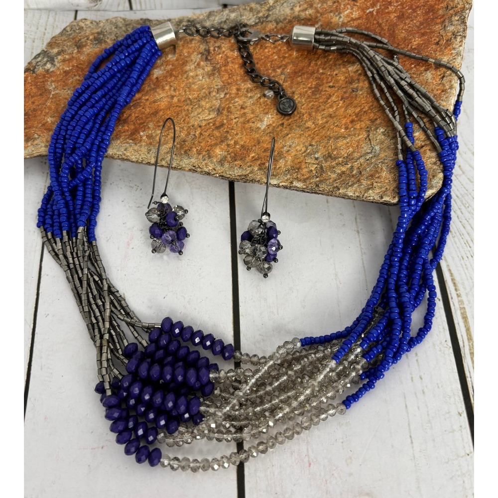 Multi Strand Beaded Necklace & Earrings‎ Set Blue Gray Purple Statement P132